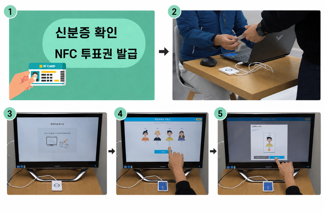신분증 확인과 NFC 투표권 발급부터 카드 인증, 후보자 선택 및 확인까지의 현장투표 절차